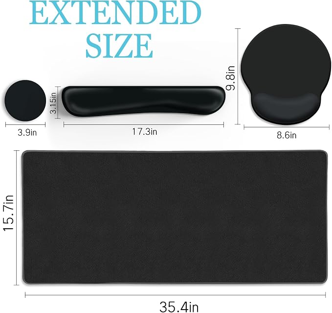 LIMKRIAN Black Mouse Pad Set Large Desk Matt for Desktop, Ergonomic Mouse Pad with Wrist Rest, Gaming Wrist Support Keyboard Mat Cup Coaster Set Cute Office Desk Decor Accessories(Obsidian Black)