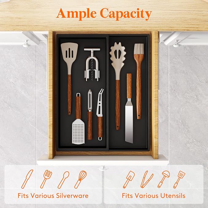 Lifewit Utensil Organizer for Kitchen Drawer, Expandable Cooking Tray | Adjustable Cutlery Flatware Holder, Plastic Silverware Spatula Tools Storage Divider, 7.5-12.9 x 16.1", Black