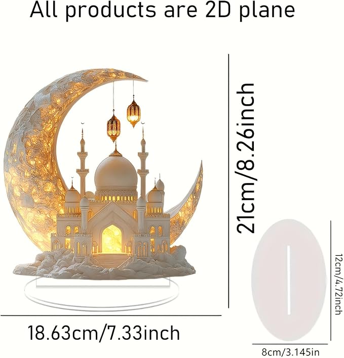Ramadan Decorations for Home, Ramadan Gifts for Kids, Table Decor, Acrylic Desktop 2D Spray Painted Acrylic Crescent and White Palace Design (F)