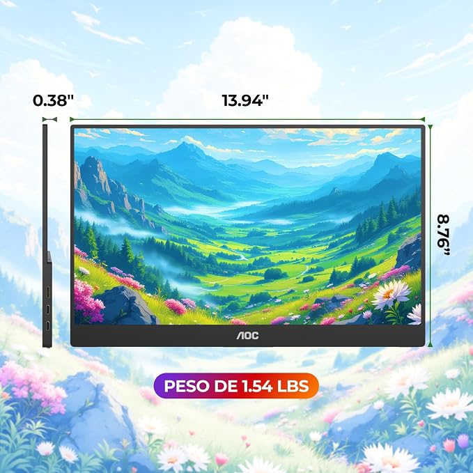 AOC 16T20 Portable Monitor 15.6" FHD 1080p IPS Display, USB-C x2, Mini HDMI, Built-in Speakers, Travel Monitor with Smart Cover, Compatible with Laptops, MacBook, Gaming Console Ready
