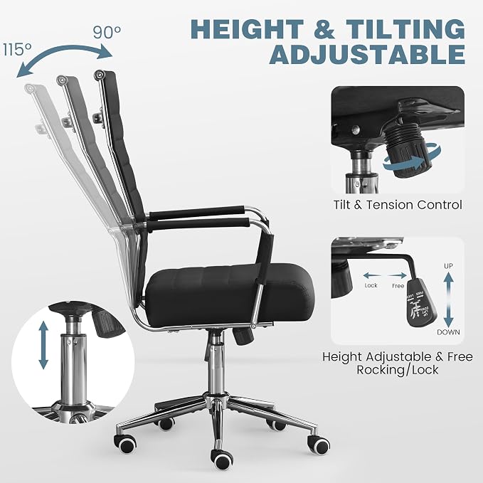 JOMEED Office Desk Chair,Conference Room Chair,High Back PU Leather Swivel | Modern Executive Ribbed Design, Ergonomic, Height Adjustable, Wheels and Arms, for Home Office(Black-Silver Frame)