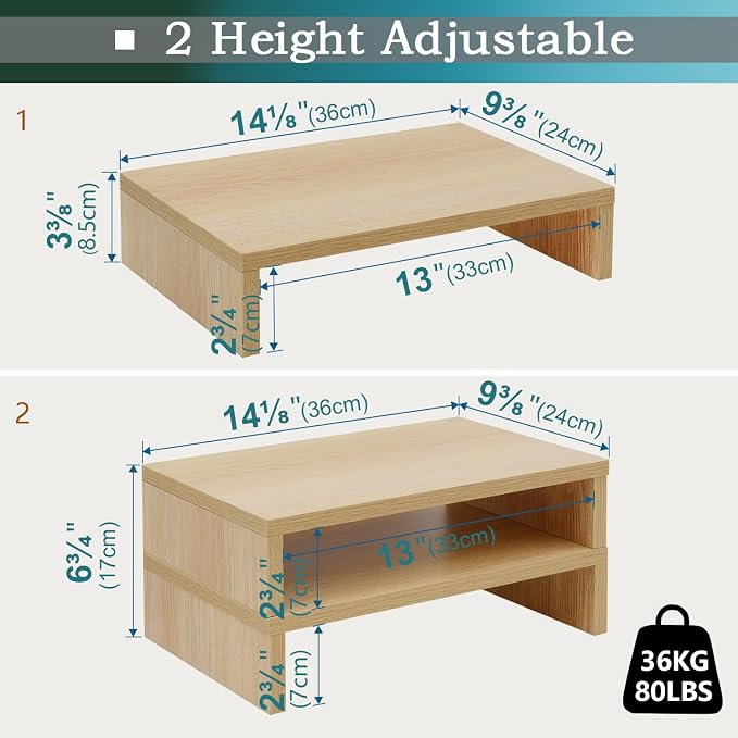 TEAMIX Wood Monitor Stand Riser-2 Packs, Maple | Holds 80Lbs, Stacked/Separate Adjustable Use, 2 Tier Adjustable, Fits laptop, TV, PC. For Home Office, Gaming