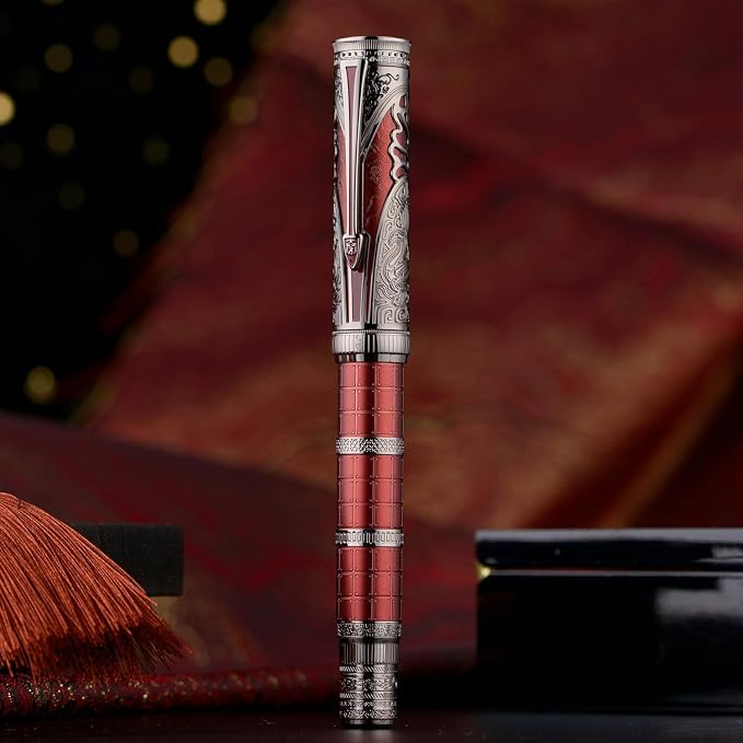 Hongdian D5X Fountain Pen Red Color Medium Nib, Qin Dynasty Retro Chinese Totem Engraving Smooth Writing Pen with Converter and Pen Box Set