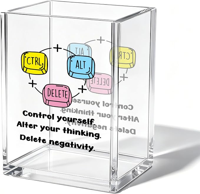 Cute Keyboard Office Acrylic Cosmetic Pen Pencil Holder Cup, Control Yourself Alter Thinking Delete Negativity Pencil Organizer, Funny Desk Accessories, Inspirational Gift Women Men（A12）