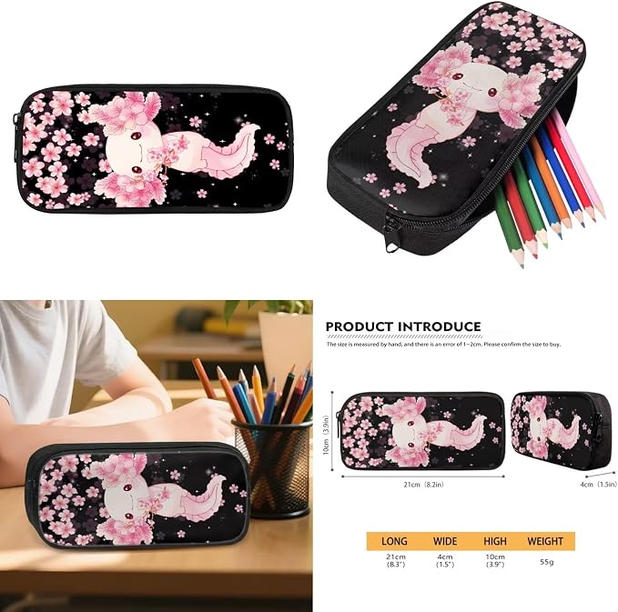 WELLFLYHOM Axolotl Cherry Blossom 17 Inch School Backpack for Kids 8-12 Girls Junior High Book Bag with Lunch Box Pencil Case Water Bottle Case Back to School Supplies