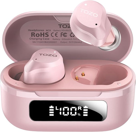 TOZO NC9 Hybrid Active Noise Cancelling Wireless Earbuds, 6 Mics ENC Clear Call, IPX8 Waterproof, in Ear Bluetooth 5.3 Headphones Stereo Bass Ear Buds 60H Playtime with LED Display 32 EQs via APP