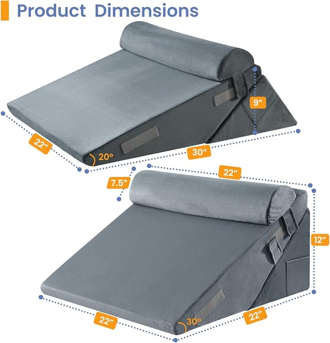Sasttie Adjustable Wedge Pillow Set for After Surgery, Velvet - Dark Grey | Bed Wedge Pillow Headboard with Memory Foam Neck Cushion, for Acid Reflux, Sleeping, Neck & Back Support