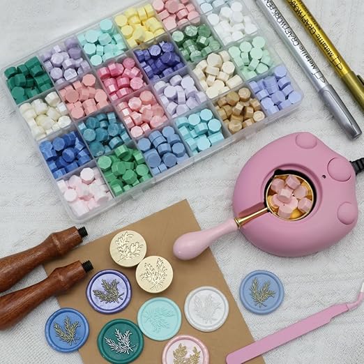 Eucalyptus Wax Seal Kit with 24 Colors WaxSealBeads 624pcs,Electric WaxSeal Warmer, Eucalyptus WaxSeal Stamp, SealingWax Spoon, WaxSealPen, Tweezer,Wax Seal Stamp kit (24C)