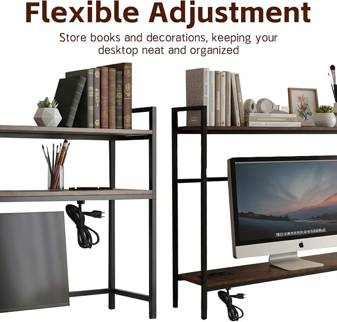 38.5" Desk Shelf with Outlets, 2-Tier Adjustable Multipurpose Engineered Wood Organizer Desk Hutch, Office Storage Rack, Desktop Shelf Organizer for Dorm,Office Home (Brown)