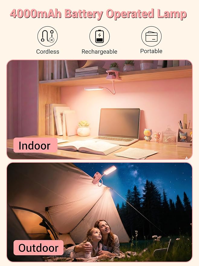 Pink Desk Lamp Cute Reading Light,45 Modes Dimmable Clip on Light with 4000mAh Battery,450 Lumen Rechargeable Desk Lamp with Clamp,Cordless & Wireless Pink Lamp for Girls Room/Kids Bedroom/Dorm/Bed