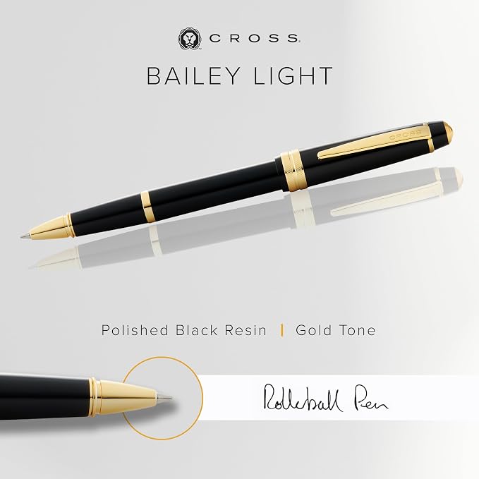 Cross Bailey Light Polished Black Resin and Gold Tone Rollerball Pen - Professional Pen for Effortless Writing - Journaling, Note-Taking & More - Black Ink - Easy Handling - Includes Gift Box