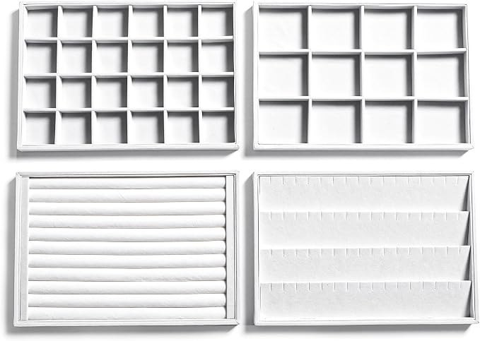 Jewelry Trays for Drawer,Set of 4 Jewelry Organizer and Storage | Velvet Material,Stackable,Adjustable Dividers,Drawer Inserts for Rings Studs Bracelet,Earring Organizer for Women Girls