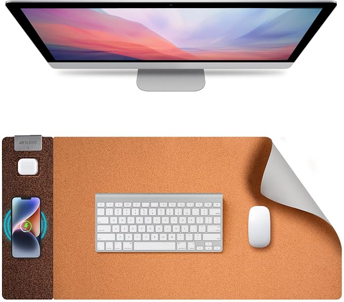 3-in-1 Eco Cork Wireless Charging Mouse Pad, Dual-Sided Fast Charge Mouse Mat, Extra Large Waterproof Office & Makeup Desk Protector, Qi-Certified Desk Pad for iPhone/Samsung/AirPods