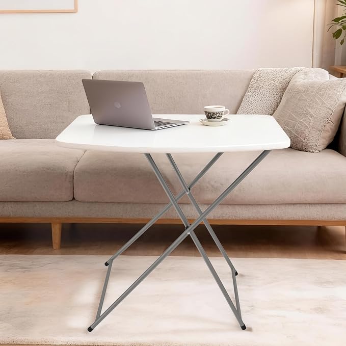 VINGLI Small Folding Table Portable, 18" Adjustable Height Personal Laptop TV Tray, Camping Table, HDPE Plastic Top with Steel Frame,White
