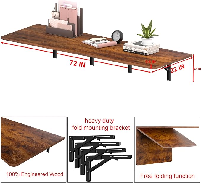 IAE 72" x 22" Floating Foldable Desk,Wall-Mounted Folding Computer Table with Engineered Wood,Study Table with Shelf Brackets,Fold Down Shelf,Fold Computer Desk for Small Apartment,Holds 500 lb,Rustic