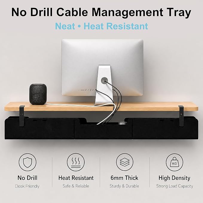 No-Drill Under Standing Desk Cable Management,47.2" L,Black | Upgraded 0.25" Heavy-Duty Felt Cable Organizer,Desk Wire Management Tray with Clamp or Screw Mount,for Home or Office