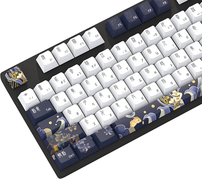 JSJT PBT Keycaps 136 Keys Cherry Profile Keycap Set Chang'e and Rabbit Themed Keycap Ancient Style Zang Blue Custom Key caps Suitable for Cherry MX Switches Mechanical Keyboards