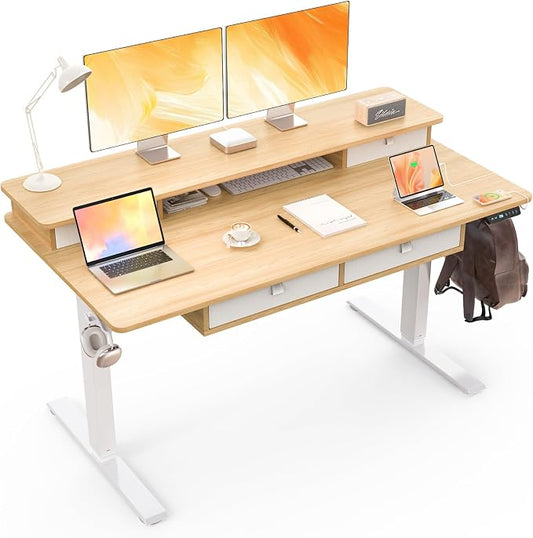 55 * 30 Inches Electric Standing Desk Adjustable Height with 4 Drawers, Double Storage Shelves Stand Up Desk, Home Office Workstation Sit Stand Desk (Nature)