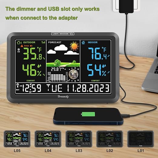 DreamSky Weather Station Indoor Outdoor Thermometer Wireless, Atomic Clock | Digital Large Display with Backlight Dimmer, USB Port, Inside Outside Temperature Humidity Monitor for Home (Plug-in)