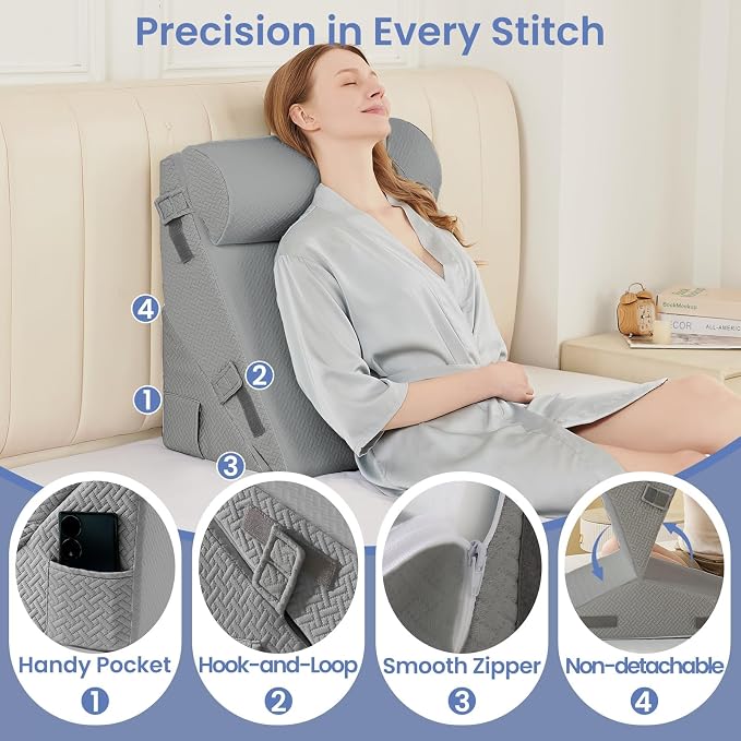 Sasttie Adjustable Wedge Pillow Set for After Surgery, Dark Grey | Bed Wedge Pillow Headboard with Memory Foam Neck Cushion, for Acid Reflux, Sleeping, Neck & Back Support
