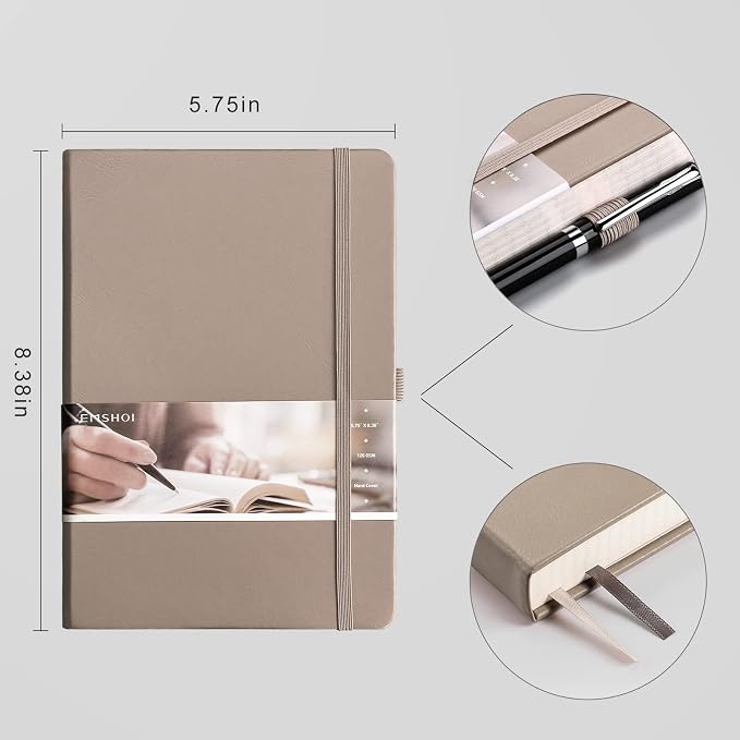 EMSHOI Graph Paper Notebook, 256 Pages 120 GSM Thick Paper, A5 Small 5.75"x8.38", PU Leather Hardcover Journal, 5mm Grid Notebook for Work School Math Engineering Writing Graphing, Khaki