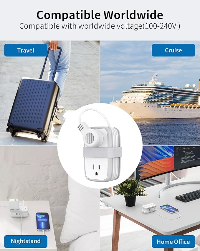 Travel Power Strip with USB 2 Pack, NTONPOWER 4 Outlets and 3 USB with 4Ft Short Extension Cord, Small Portable Desktop Charging Station for Cruise Ship, Home Office, White