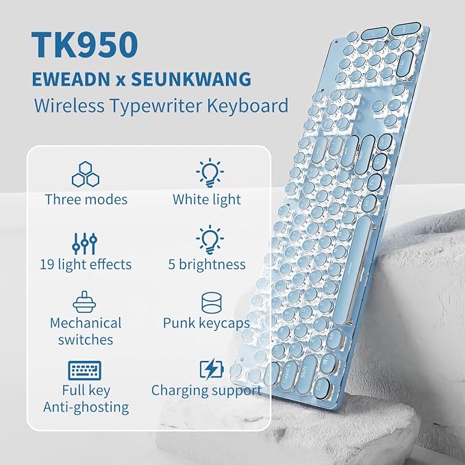 SEUNKWANG EWEADN TK950 Typewriter Keyboard Wireless Mechanical Keyboard, 104 Keys Aesthetic Typewriter Keyboards with White Backlit, Anti-Ghosting, Blue Switch Bluetooth/2.4GHz/Wired Keyboards-Blue