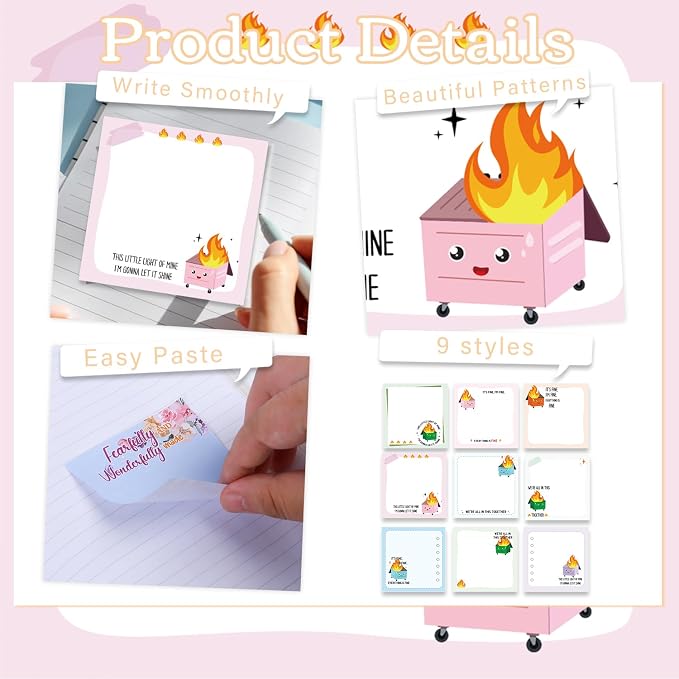 Funny Sticky Notes Gifts - 9 Pack Dumpster on Fire Notepads for Work 3x3 Inch, Everything is Fine Self-Adhesive Memo Pads, School Office Supplies Work Gag Gifts for Coworkers (450 Sheets)