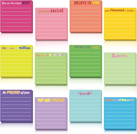 Yinder 12 Pcs Inspirational Sticky Notes Thank You Gift Motivational Sticky Note Pad Employee Appreciation Gift Bulk for Staff Coworker Teacher Nurse Office Groups 3 x 3'' (Appreciation,Classic Color)