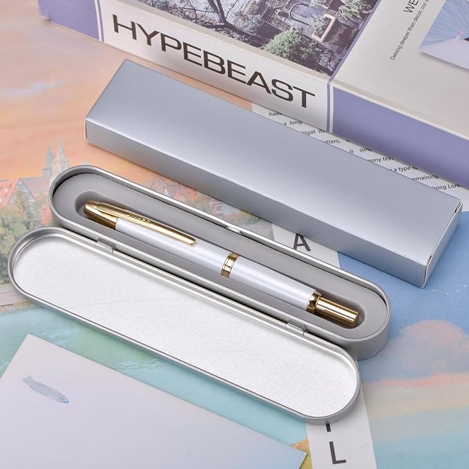 Jinhao 10 Press Fountain Pen with Box, Pearl White Retractable Medium Nib with Ink Converter Set (Golden Clip)