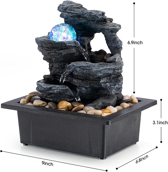 Amootek Table Top Fountain Spin Ball Rock Waterfall Fountain Office Table Top Fountain Includes Many Natural River Rocks Decorated with Colorful Lights and Rollers 9.05" L x 6.95" W x 10.25" H