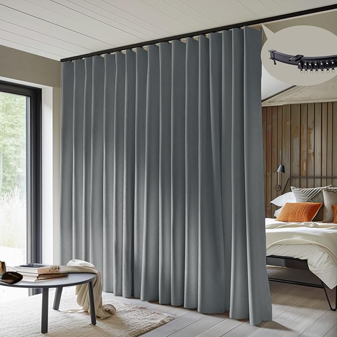 MaKefeile Room Divider Curtains with Flexible Ceiling Curtain Tracks Set,100% Blackout Floor to Ceiling Curtains Patio Sliding Door Curtains (Dark Grey Drape & Black Rail W 10 × H 9 FT)