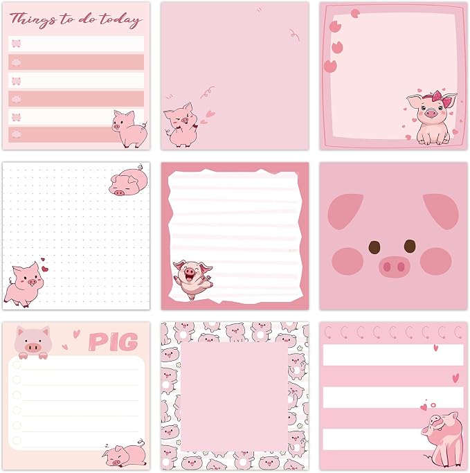 9 Pads Cute Sticky Notes Cartoon Self Stick Notepads 3x3 Inches Notes Adhesive Memo Pad Office Decor Gifts for Students School Teacher Office Meeting(Piggy)