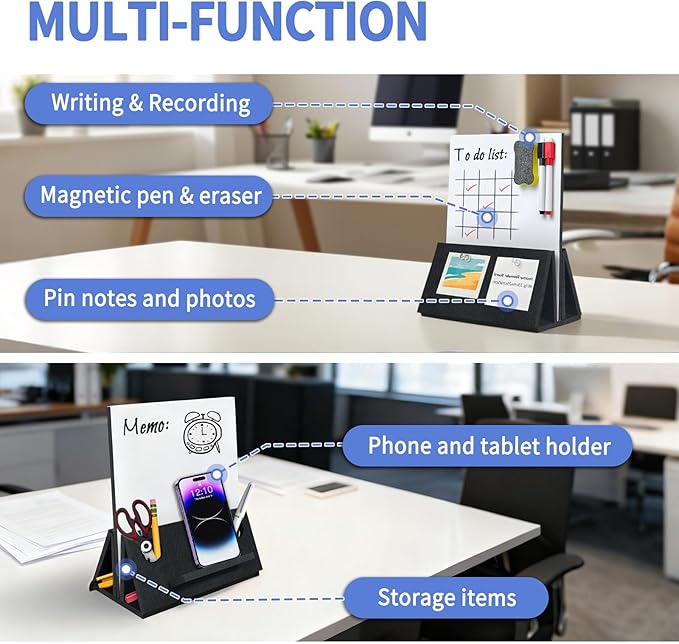 BXI Felt Small Desktop Whiteboard Combo- 8 x 10 Inches Double-Sided Magnetic Dry Erase Board, Portable Reusable Desk Notepad with Stand, Versatile Writing Sticky Note Board for Office Home School