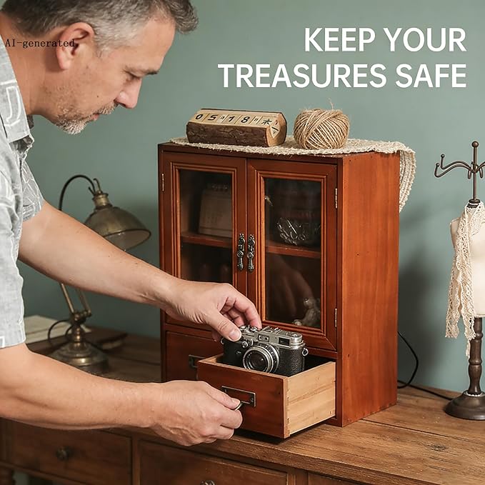 Rustic Apothecary Cabinet - 12" L x 4.7" W x 14" H Vintage Pine Countertop Cabinet with 2 Shatterproof Clear Doors & 2 Drawers, Small Spice Organizer for Kitchen, Bathroom, Office (Brown)