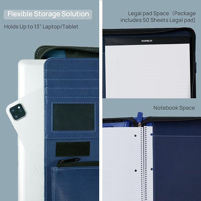 POPRUN Portfolio Organizer with Handle, PU Leather Padfolio Binder Including 50 Page Writing Pad, Document Tablet Business Card Storage Folder for Office Conference, Blue