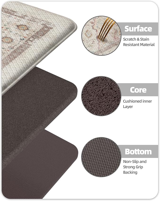 Color&Geometry Kitchen Floor Mat 24x59 Faded Vintage Anti Fatigue, Oatmeal | 0.4in Cushion Standing Mat For Cooking/Working/Laundry, Boho Decor, Non Slip PVC Kitchen Rug, Oil/Water Proof, Anti Slip