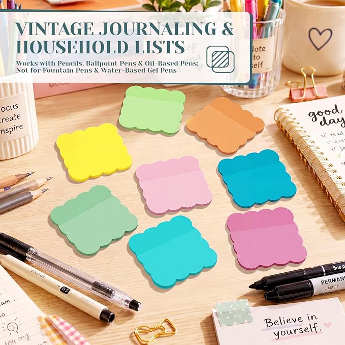Eaasty 400 Sheets Transparent Sticky Notes 2.8x2.8 Clear Scalloped Sticky Notes 8 Pads Cute Wavy Translucent Pads Waterproof See Through Note for Bible Study Annotation School Office(Bright Colors)