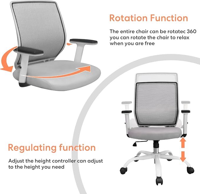 Ergonomic Office Chair Home Mesh Desk Chair with Adjustable Arms - Mid Back Computer Chairs for Adults - Swivel Task Chair Comfortable for Home Office (White &Grey)