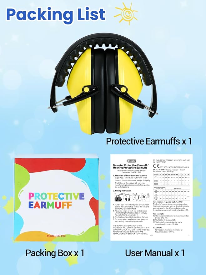 Dr.meter Ear Protection for Kid: EM100 SNR27.4 Kids Noise Cancelling Headphones with Adjustable Headband - Kid Hearing Protection for Monster Truck Mowing Demo Derby and Concert - Yellow