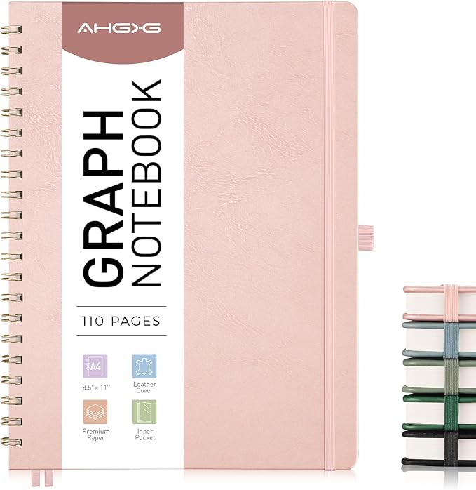AHGXG Graph Paper Notebook - Spiral Notebook 8.5" x 11", A4 Large Hardcover Leather Journal Grid Notebook, 100 gsm Thick Graph Paper,Journals for School Writing Graphing Engineering Math, Rose Gold