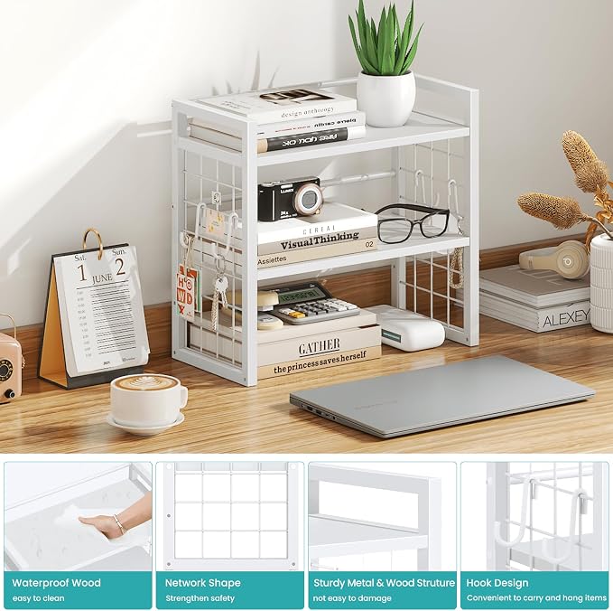 ELITEROO Desk Shelf Organizer, Tiered Wood Desktop Book Shelf, White | Desk Top Storage Rack, Freestanding Tabletop Organizer for Top of Desk, Office Supplies, Books & Decorations