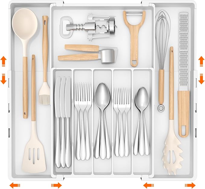 Lifewit Silverware Drawer Organizer, Expandable Utensil Tray for Kitchen, BPA Free Flatware and Cutlery Holder, Adjustable Plastic Storage for Spoons Forks Knives, 5-8 Slots, White