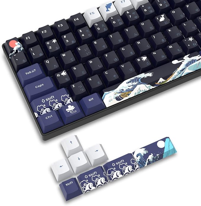 XVX PBT Keycaps 132 Keys, Great Wave Off Kanagawa Japanese Keyboard Keycaps, 5 Side DYE-Sub Custom Keycap Set, Cherry Profile Keycap for Cherry Gateron MX Switches Mechanical Keyboard