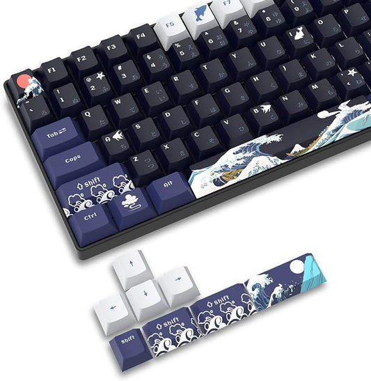 XVX PBT Keycaps 132 Keys, Great Wave Off Kanagawa Japanese Keyboard Keycaps, 5 Side DYE-Sub Custom Keycap Set, Cherry Profile Keycap for Cherry Gateron MX Switches Mechanical Keyboard