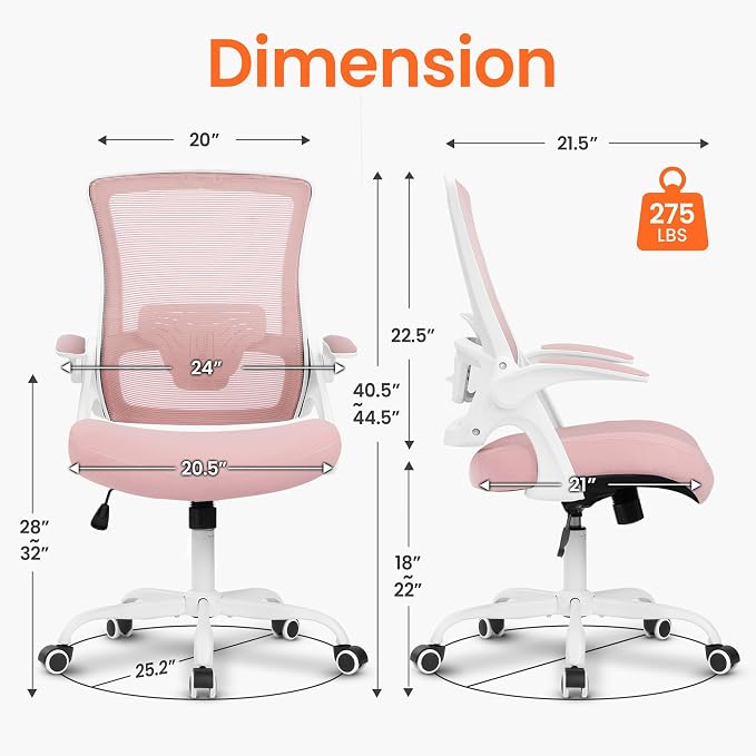 NEO CHAIR Office Chair High Back Desk Mesh Chair Comfy Computer Gaming Seat with Adjustable Ergonomic Lumbar Rolling Flip-up Armrests and Wheels (Pink)
