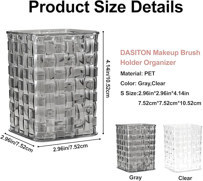 DASITON Makeup Brush Holder Organizer, Acrylic Makeup Brushes Storage Cup, Woven Texture Make Up Brush Holder for Vanity Bathroom Office, Pen Holder for Desk, Cosmetic Display Cases (Grey S)