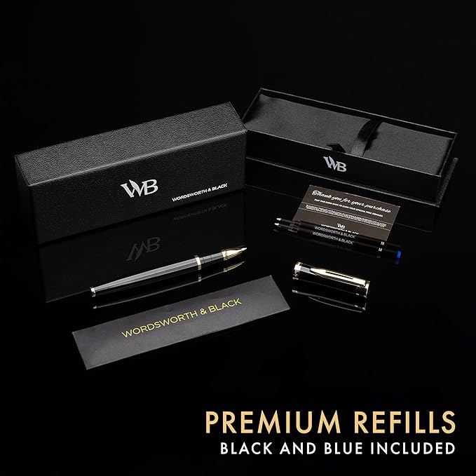 Wordsworth and Black Rollerball Pen - Luxury Pen - 24K Gold Finish, Black Lacquer, Ink Refill, Refillable Gift for Men & Women, Professional Writing, Nice and Fancy Pens and for Work