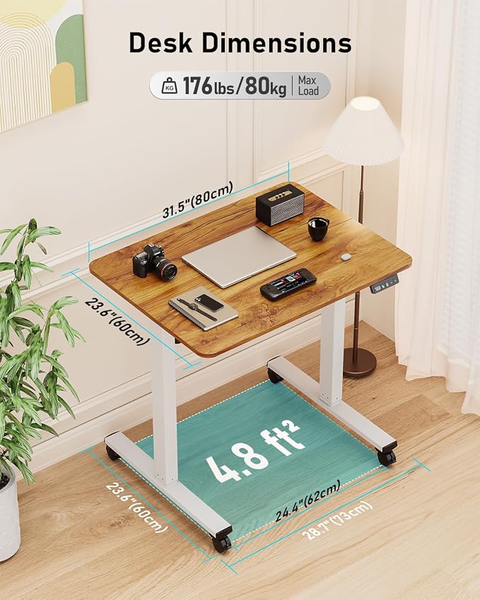 32" Small Rolling Electric Standing Desk Adjustable Height for Home Office | Mobile Sit Stand up Desk with Lockable Casters for Computer Workstation, Memory Preset, 2 Hooks, White Frame/LightBrown Top