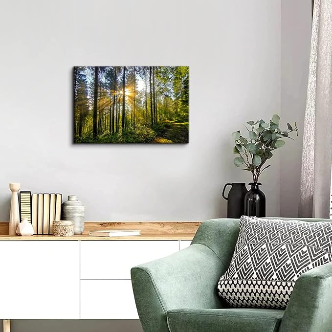 Nature Forest Landscape Wall Art Sunrise Green Tropical Trees Canvas Pictures Wall Decor 16x24" Mountain Prints Painting Modern Framed Artwork for Living Room Bedroom Kitchen Office Home Decoration